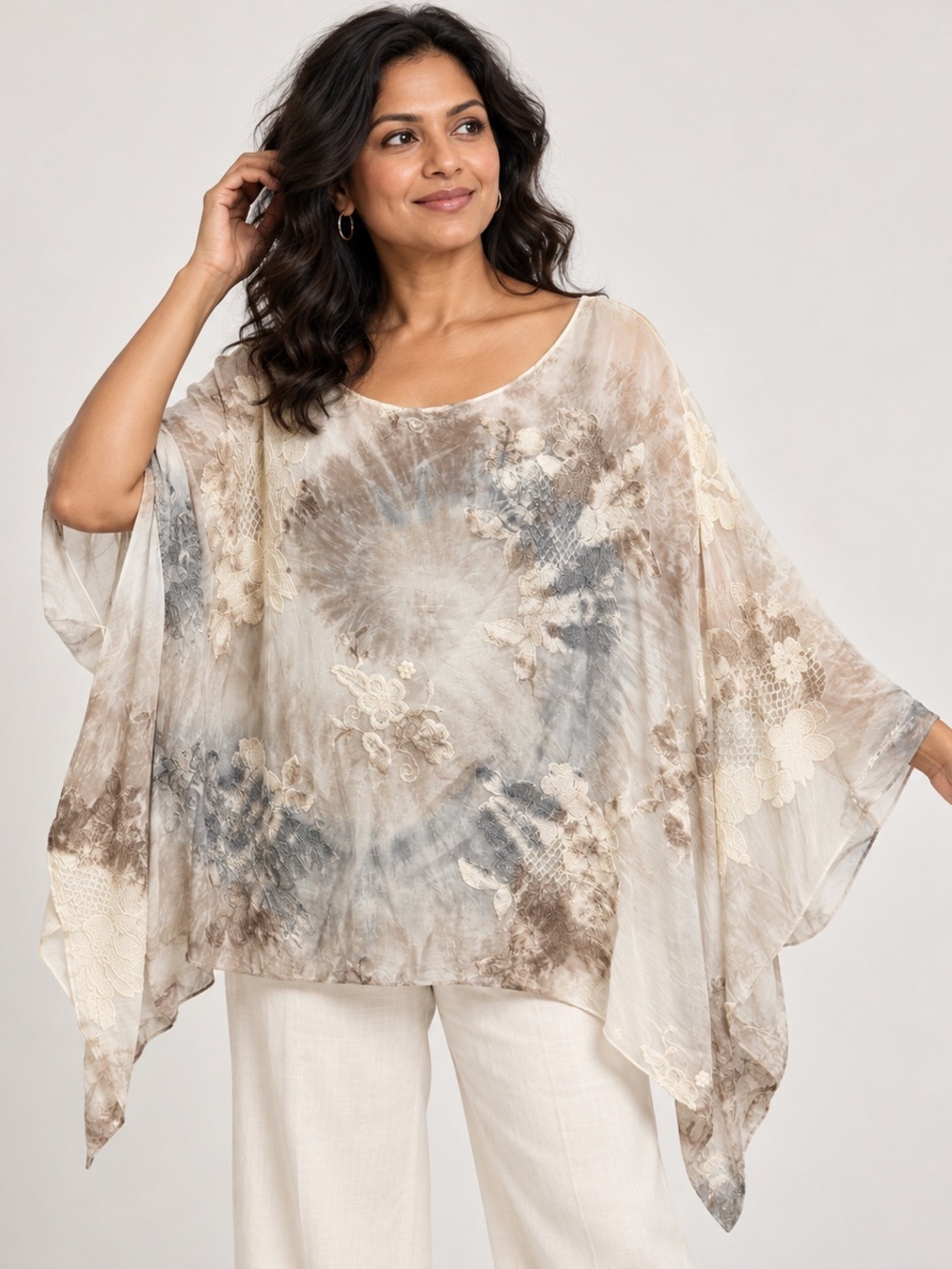 Tempo Paris Silk Blend Embroidered Poncho Blouse Italy Art 3632